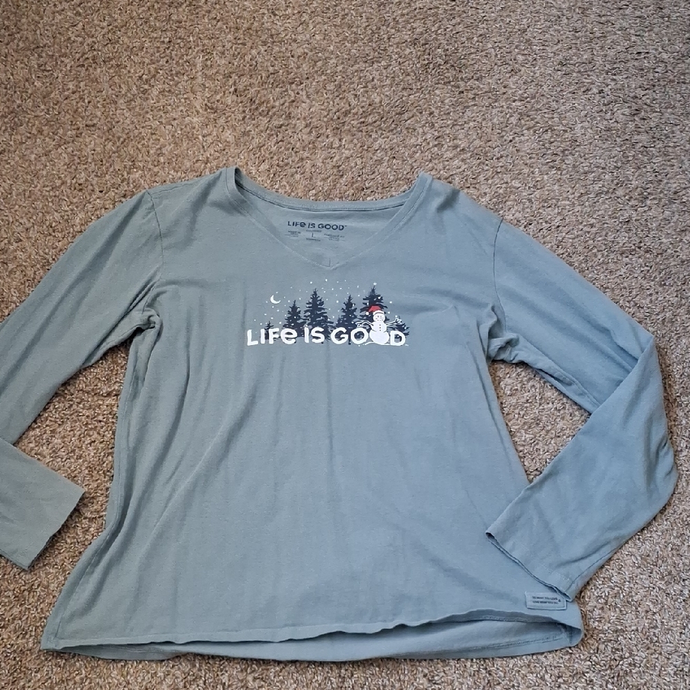 NWOT! Life Is Good Teal Long Sleeve with Snowman Graphic Womens Size L